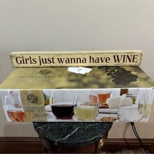 Libbey Stemless Wine Glass Set with Decorative Wine Sign - Cream and Brown